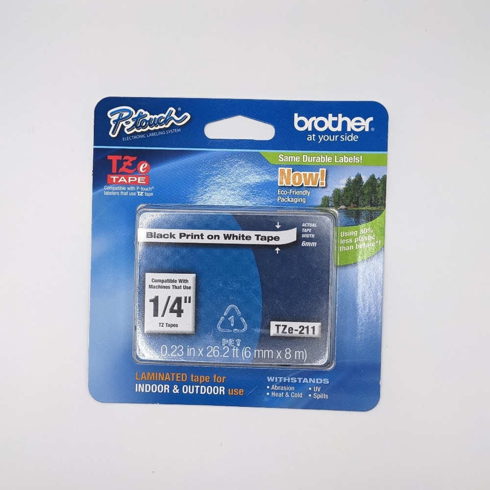 📦5 for $20🛒 Brother P-Touch TZE-211 Label Tape 1/4" Laminated Black on White